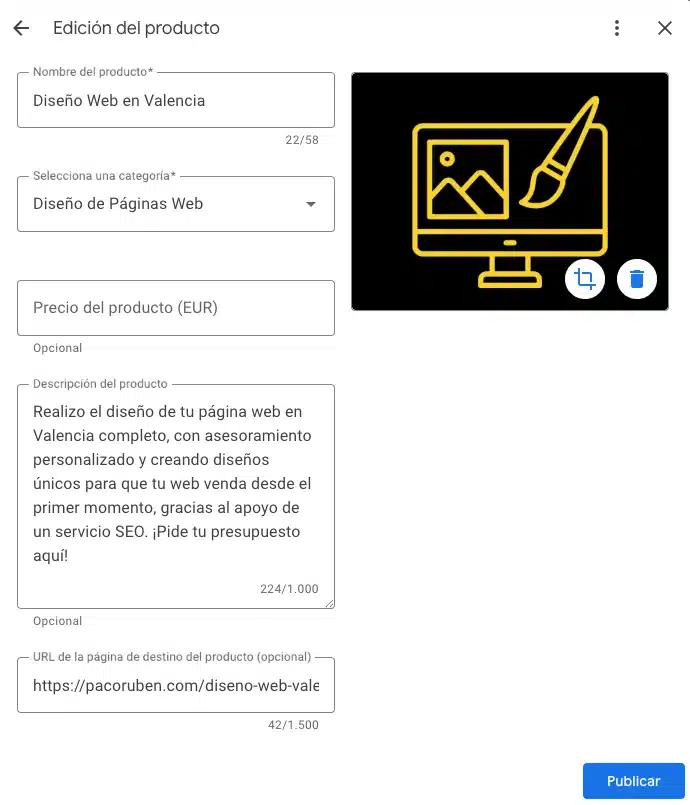 editar productos primero google maps