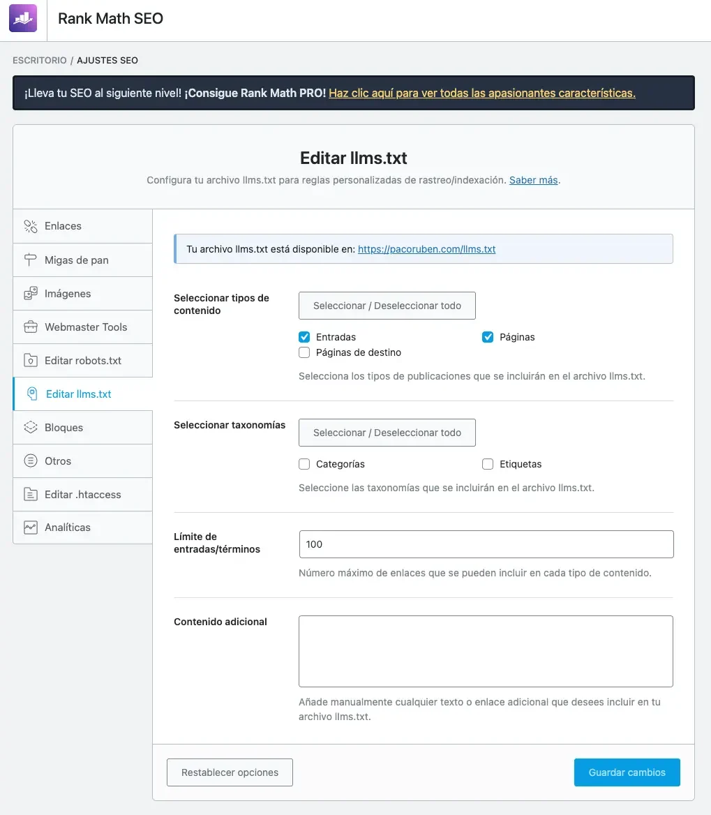 llms.txt con rankmath seo configuracion